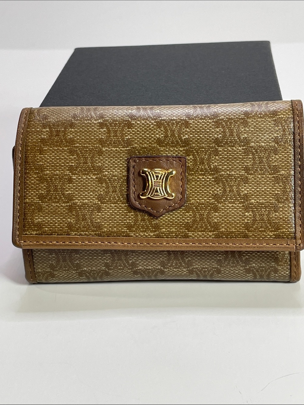Celine Authentic Brown Monogram Card & Key Holder with Gold Hardware